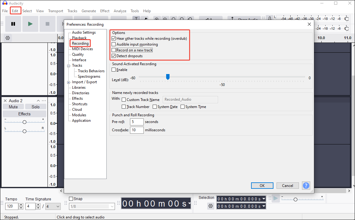 Audacity Preferences windows with example settings for checking recording options.