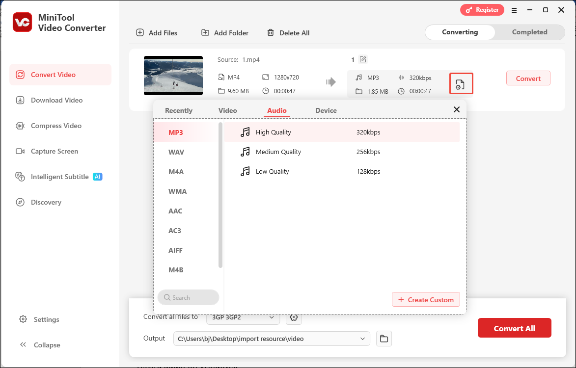 MiniTool Video Converter interface with the selected folder with a gear icon.
