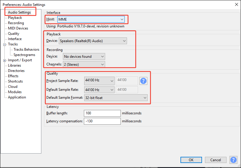 Audacity Preferences window with example Audio Settings to fix Audacity not recording sound.