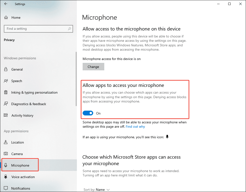 Windows Privacy page with the Allow apps to access your microphone option turned on.