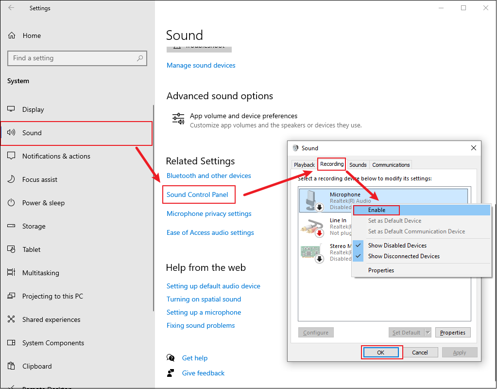 Windows Privacy page showing how to enable the microphone for recording.