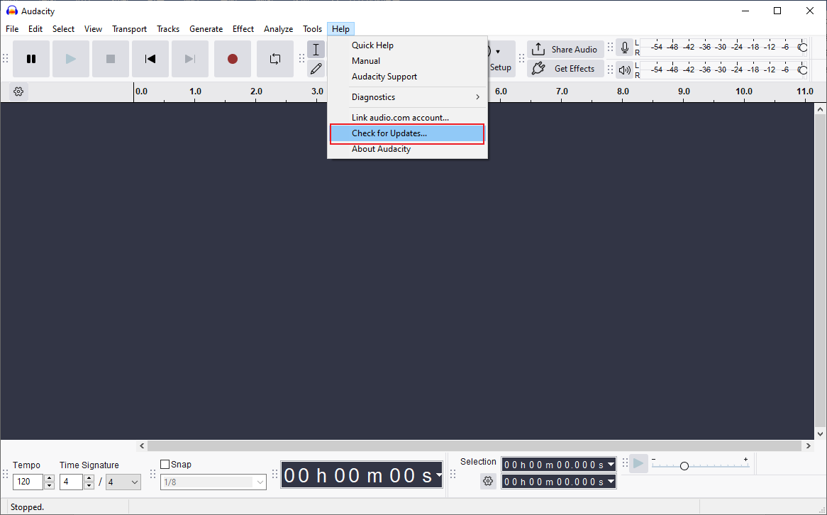 Audacity interface with the selected Check for Updates option from the Help tab.