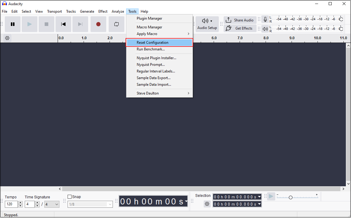 Audacity interface with the selected Reset Configuration option from the Tools tab.
