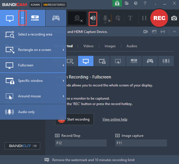 Bandicam interface showing how to select the recording area and open speaker audio.