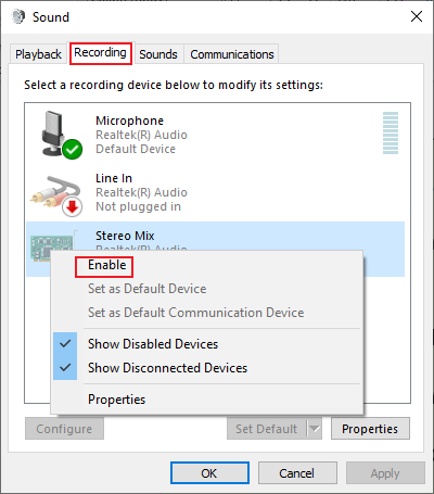 Windows Sound interface with the Enable button selected for Stereo Mix under Recording.