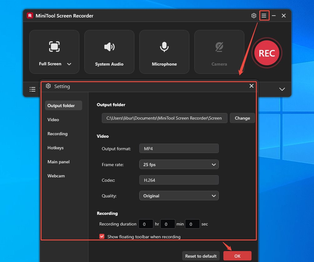 MiniTool Screen Recorder interface showing how to open and adjust the recording settings.