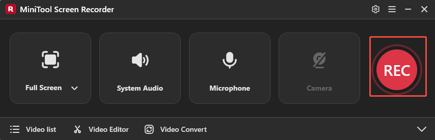 MiniTool Screen Recorder interface with the REC option selected.