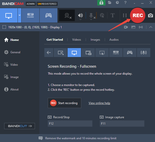 Bandicam interface with a red arrow pointed to the REC button.