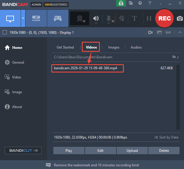 Bandicam interface that shows how to open the recorded video.