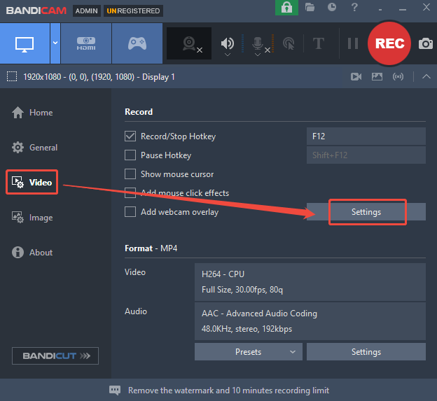Bandicam interface showing how to open the Settings window under Video.