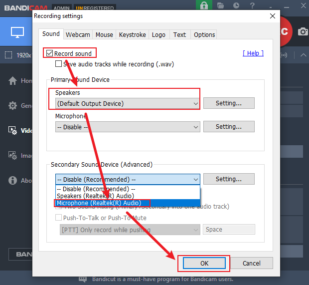 Recording settings interface of Bandcam showing how to set the primary and secondary sound device.