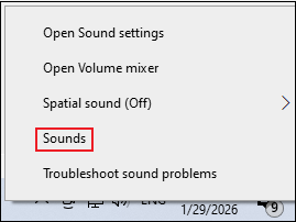Windows Sound context menu with the Sounds option selected.