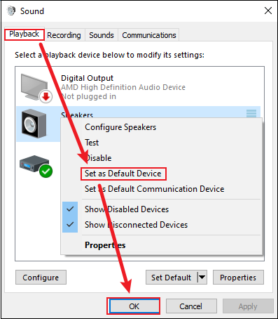 Windows Sound interface showing how to set the speaker as the default device under Playback.