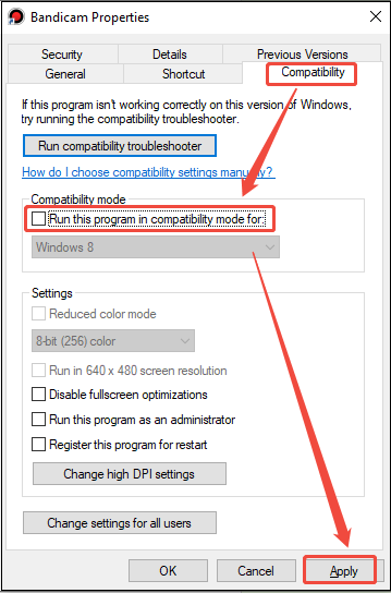 Bandicam Properties interface that shows how to uncheck compatibility mode under Compatibility.
