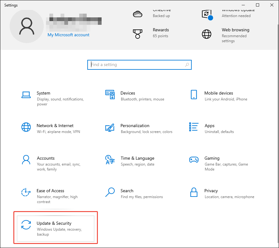 Windows 10 Settings window with the Update and Security option selected.
