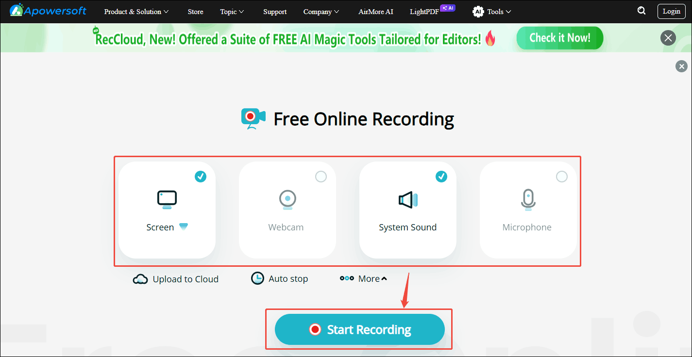 Apowersoft recording interface showing how to adjust recording settings.