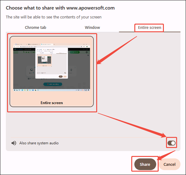 Apowersoft recording interface showing how to choose screen type and start recording.