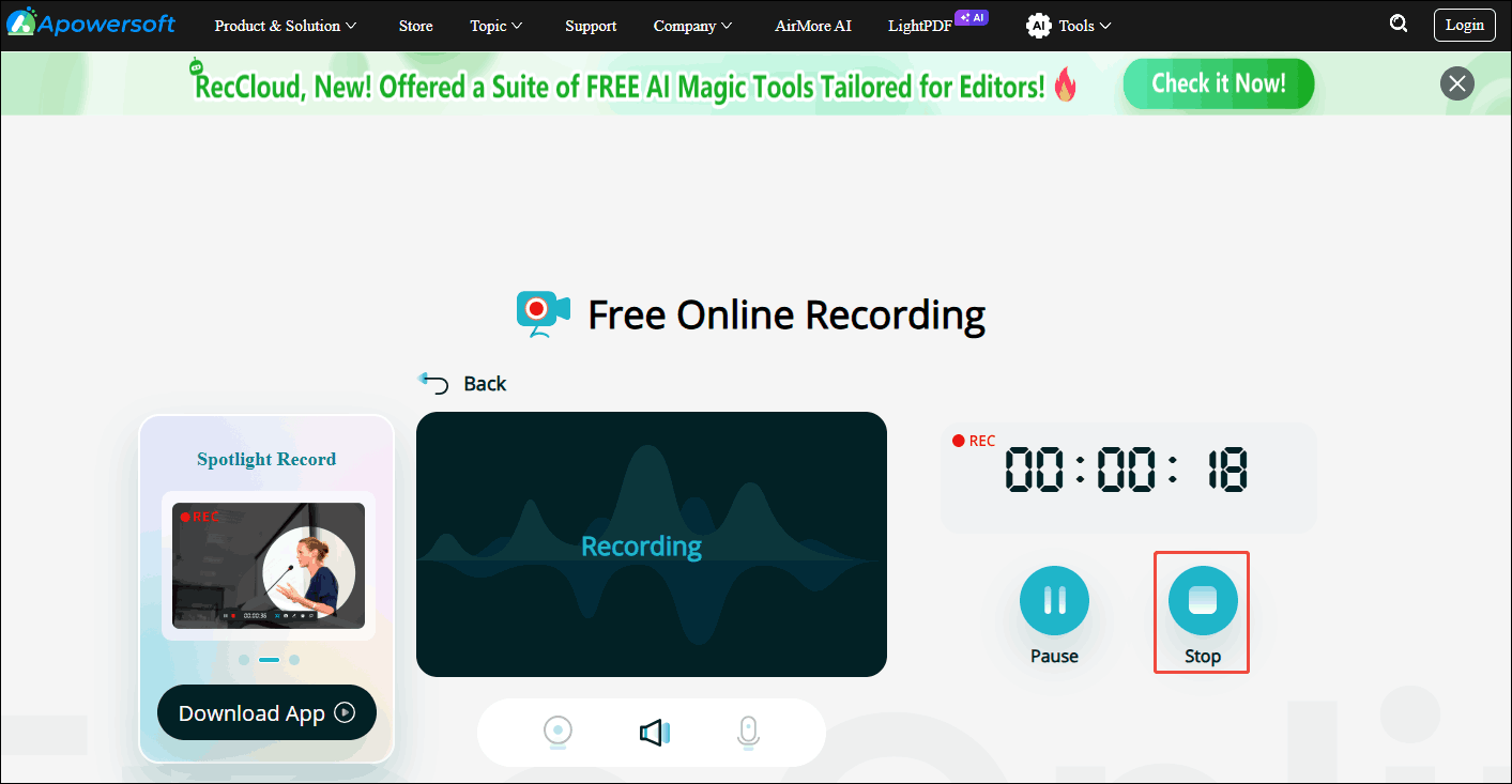 Apowersoft recording interface with the Stop option selected.