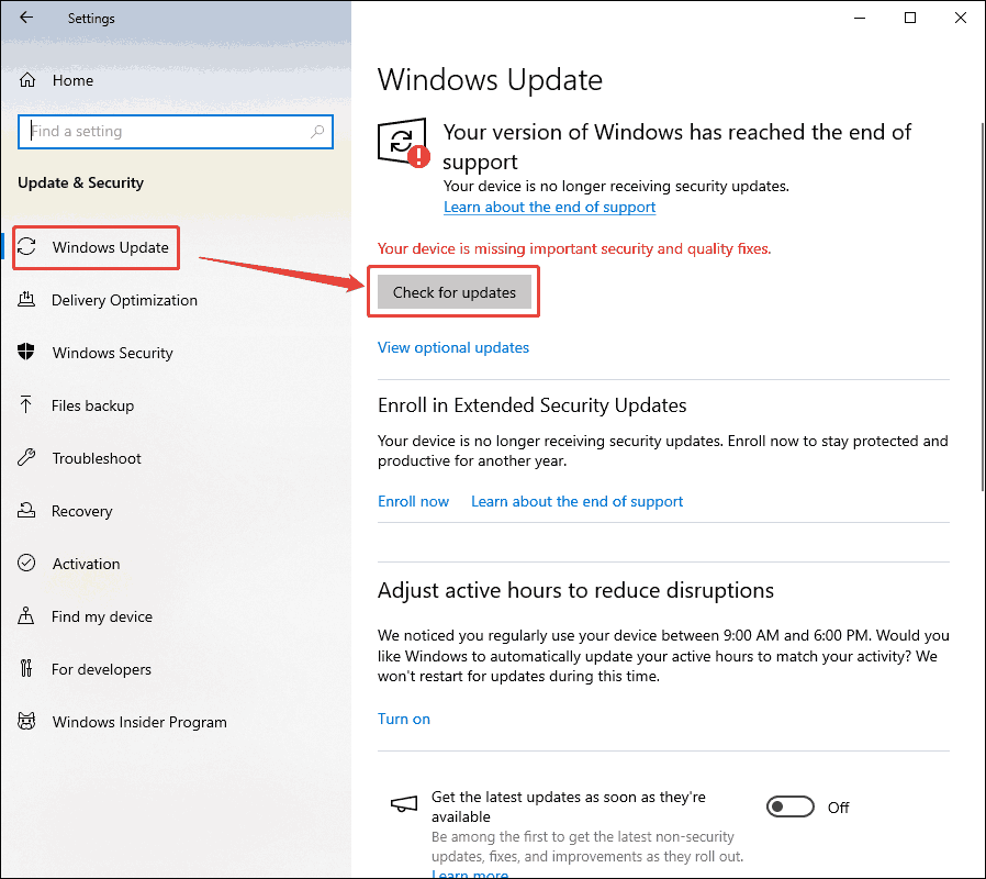 Windows 10 Settings window with the Windows Update option and the Check for updates option selected.