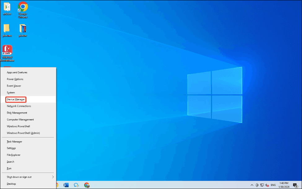 Windows 10 interface with the Device Manager option selected.