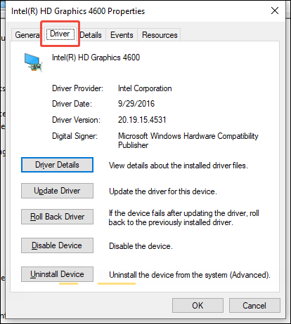 Graphics Card Properties window with the Driver option selected.