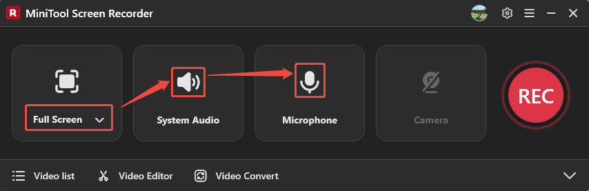 MiniTool Screen Recorder interface showing how to choose the screen type and control the audio.