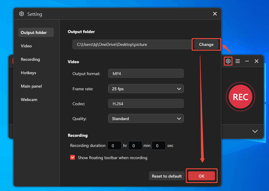 MiniTool Screen Recorder Setting window with the Change button and the OK button selected.