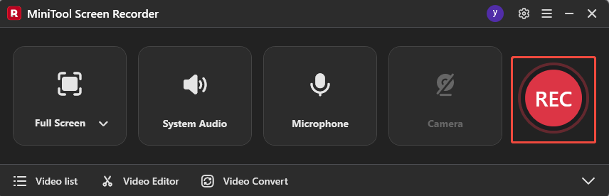 MiniTool Screen Recorder interface with the REC button selected.