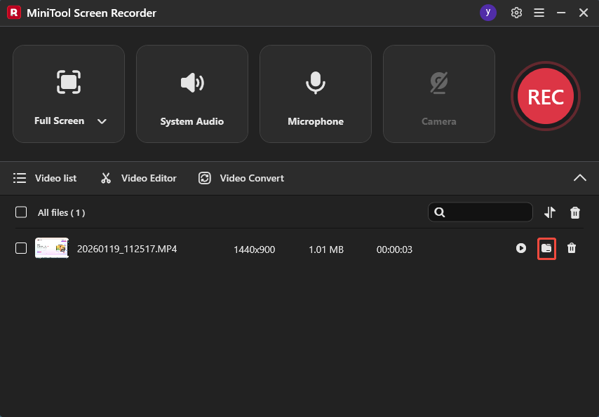 MiniTool Screen Recorder interface with the folder icon selected.