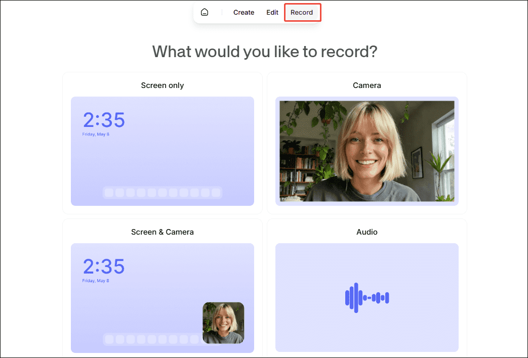 The top menu bar in the VEED interface with the Record option selected.