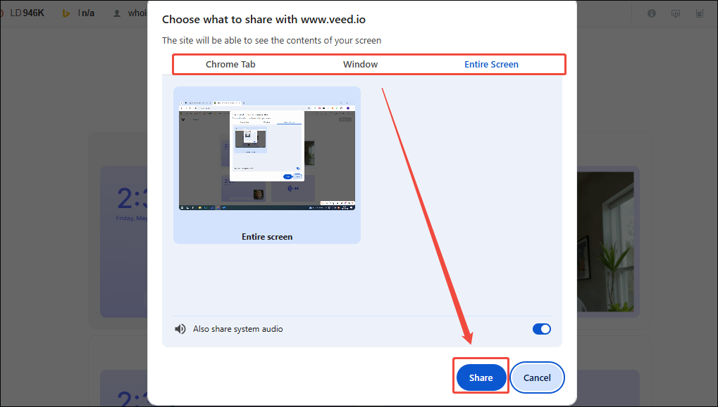 VEED recording interface showing how to choose the recording content.