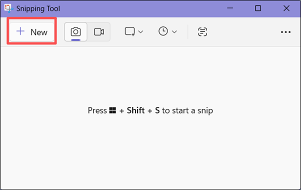 Snipping Tool interface with the New option selected.