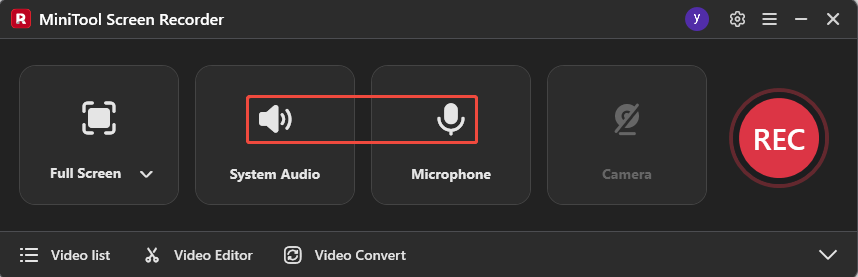 MiniTool Screen Recorder interface with the System Audio icon and the Microphone icon selected.