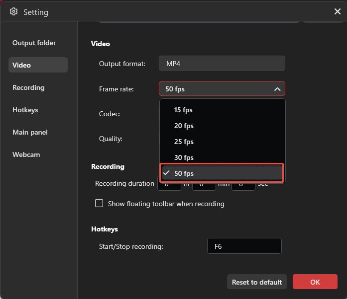 MiniTool Screen Recorder settings window with example settings for capturing video from websites.