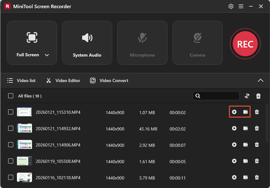 MiniTool Screen Recorder interface with the selected Play and Folder icons.