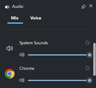 Xbox Game Bar Audio Panel showing the volume sliders for System Sounds and Google Chrome.