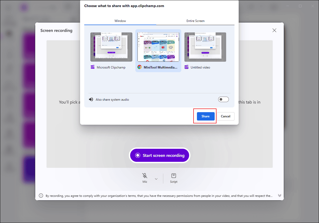 Microsoft Clipchamp interface showing the shared application window with the target website video.