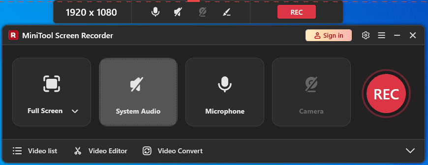 MiniTool Screen Recorder interface with the disabled System Audio setting.