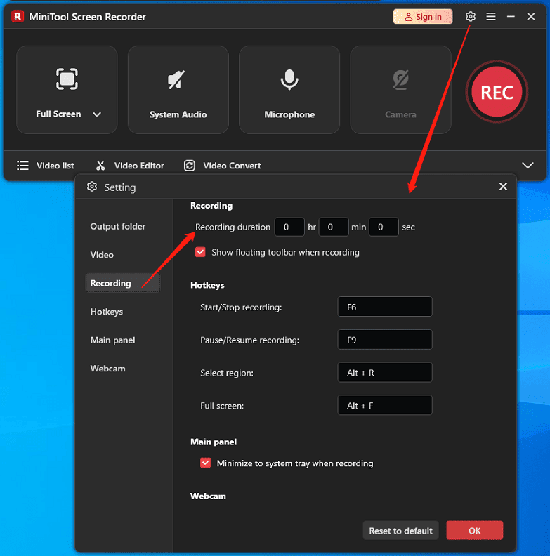 MiniTool Screen Recorder interface showing how to set a recording duration.