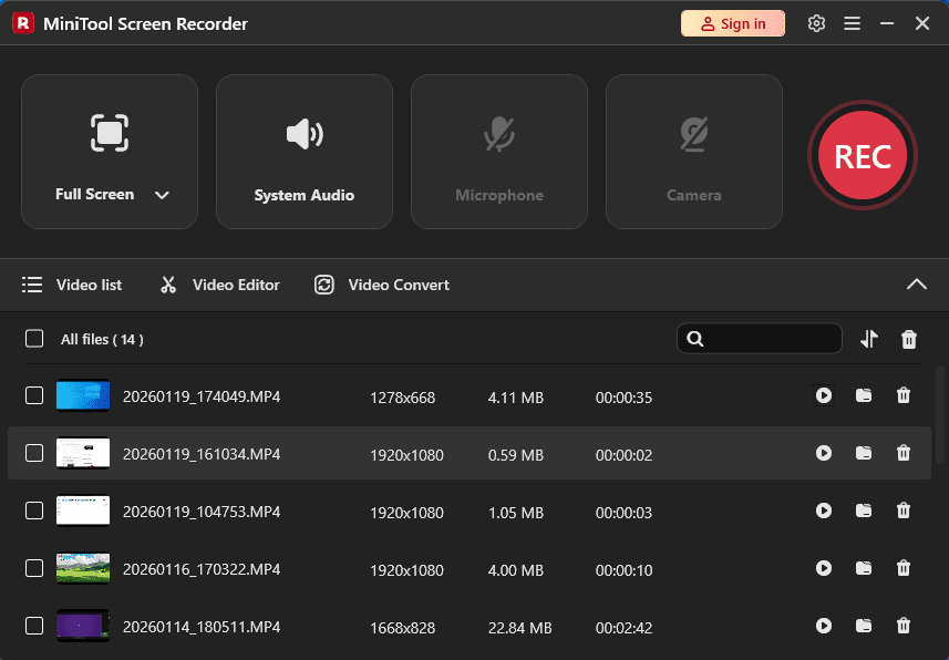 The Video list section of MiniTool Screen Recorder.