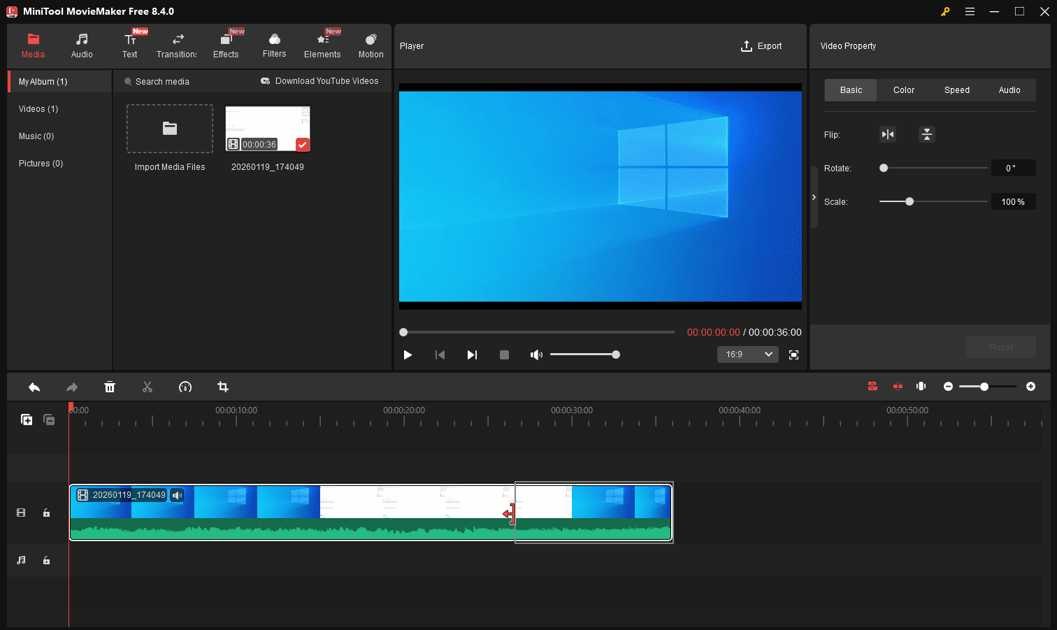 The Trim icon being dragged to the left on the track of the MiniTool MovieMaker interface.
