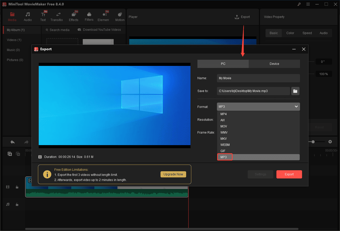 MiniTool MovieMaker interface showing how to open the Export window and set MP3 as the output format.