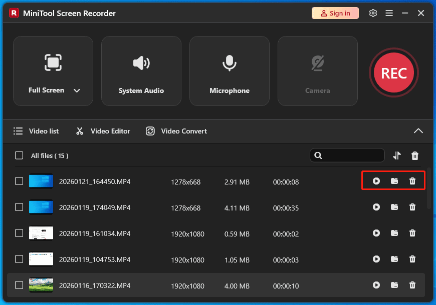 MiniTool Screen Recorder Video list section with the selected Play, Folder, and Delete icons.
