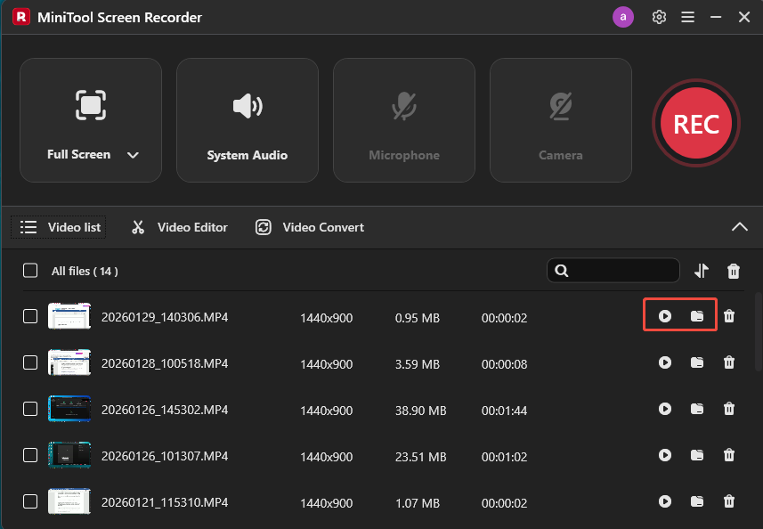 MiniTool Screen Recorder interface with the selected Play and Folder icons.