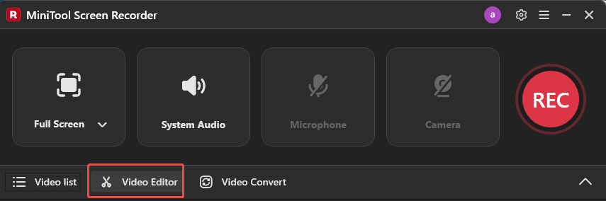 MiniTool Screen Recorder interface with the selected Video Editor option.
