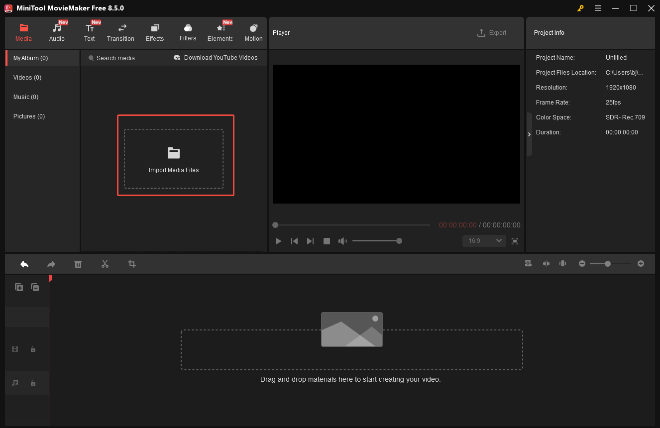 MiniTool MovieMaker interface showing the highlighted Import Media Files option.