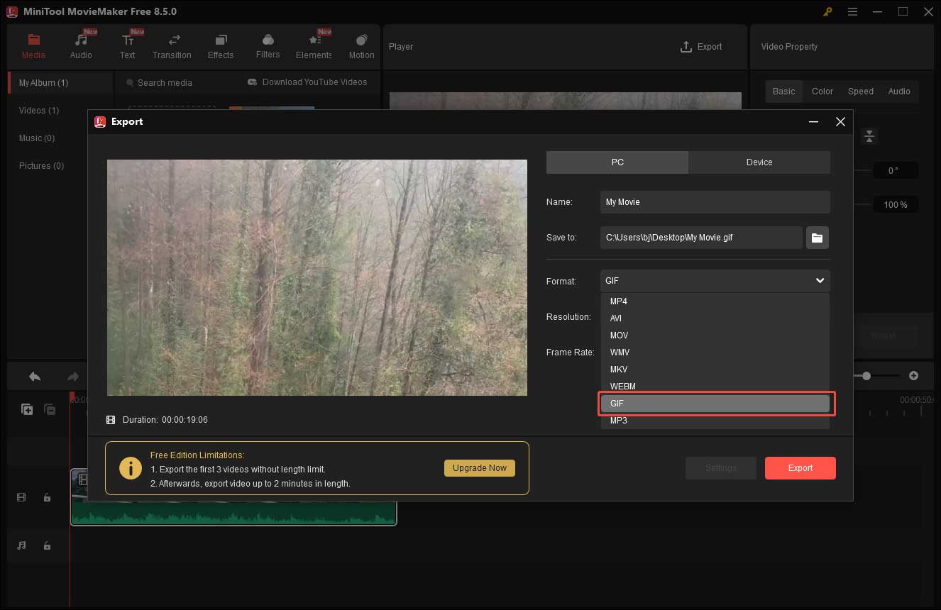 MiniTool MovieMaker Export windows with the selected GIF option from the Format dropdown list.