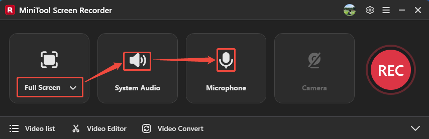 MiniTool Screen Recorder interface showing how to select the recording area and audio.