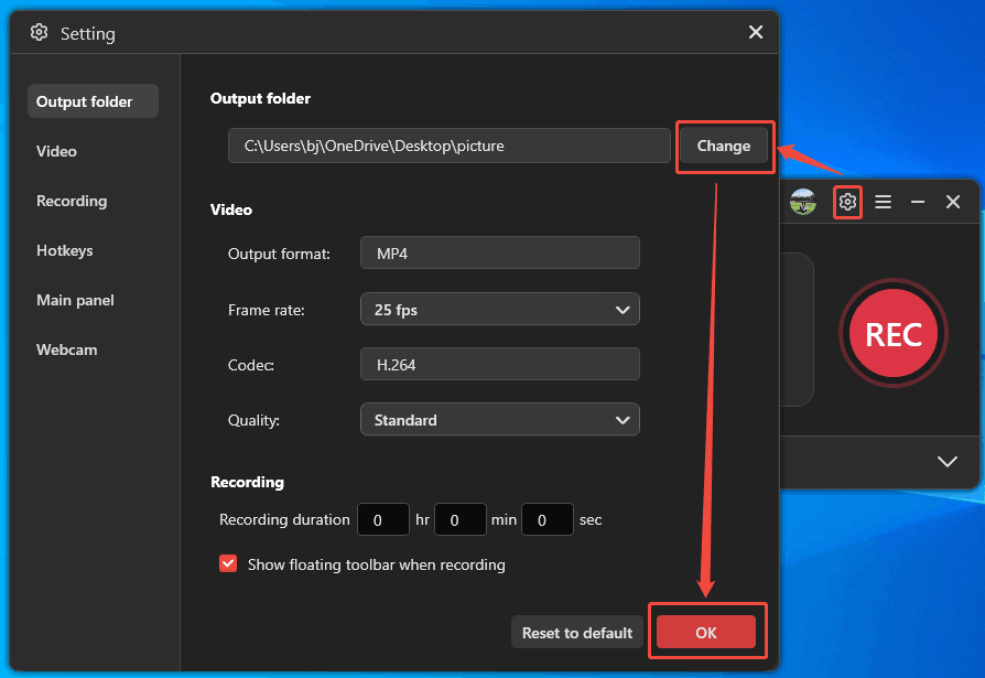 MiniTool Screen Recorder Setting window with the Change button and the OK button marked.