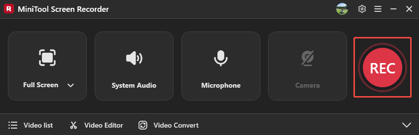 MiniTool Screen Recorder interface with the REC button marked.
